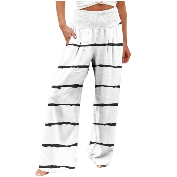 USNSM Comfy Pajama Pants for Women Casual Stripe Print Palazzo Pants Lounge Stretch Wide Leg Trousers with Pockets White XL