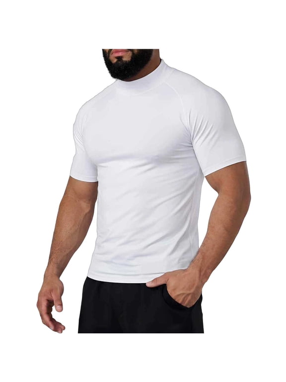 Compression Shirt Men Mock Turtleneck Short Sleeve Athletic Workout Muscle Tee Shirts Summer Top Gym Running Undershirts White M