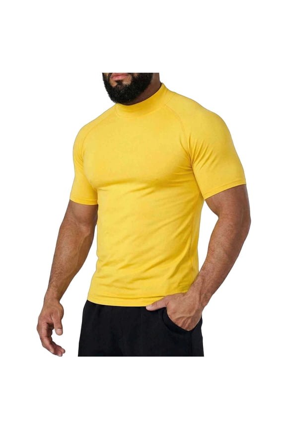 Compression Shirt Men Mock Turtleneck Short Sleeve Athletic Workout Muscle Tee Shirts Summer Top Gym Running Undershirts Yellow L