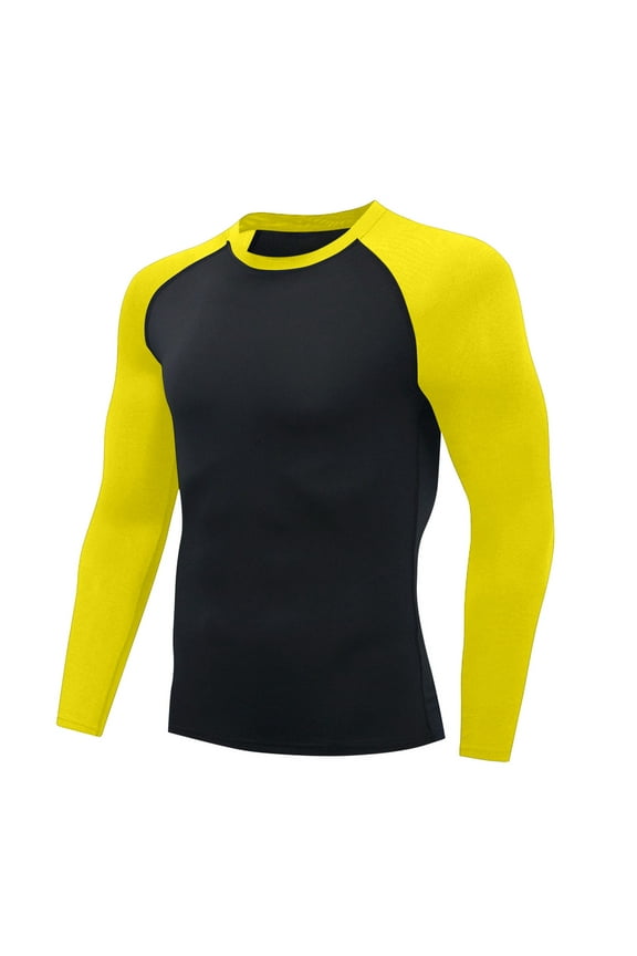 Compression Shirts for Men Long Sleeve Quick-Drying High-Elastic Tights Athletic Base Layer Undershirt T Shirt for Workout Yellow L