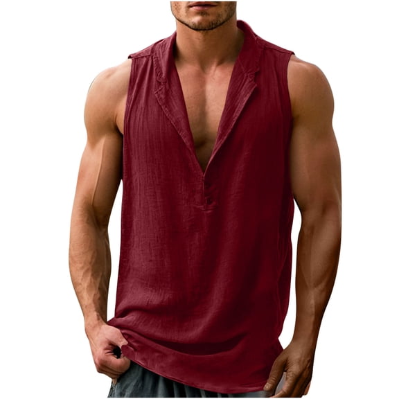 USNSM Cotton Linen Beach Shirts for Men Summer Casual Tank Top Quick Dry Lightweight Breathable Button Down Henley T-Shirts Red S