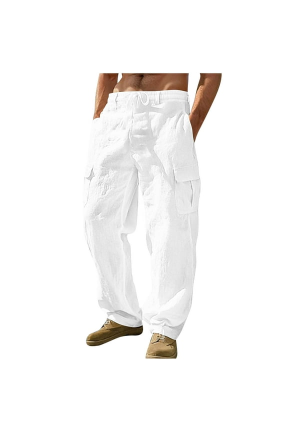 Cotton Linen Cargo Pants for Men Summer Casual Elastic Waist Pants with Pockets Relaxed Fit Beach Yoga Travel Lounge Pants White XXL