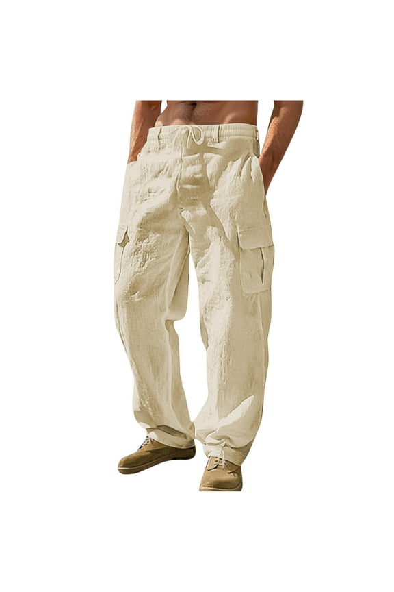 Cotton Linen Cargo Pants for Men Summer Casual Elastic Waist Pants with Pockets Relaxed Fit Beach Yoga Travel Lounge Pants Yellow L