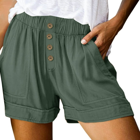 USNSM Cotton Soft Shorts for Women Fashion Solid Color Button Loose Pants Elastic Waist Comfortable Walking Shorts with Pockets Mint Green L