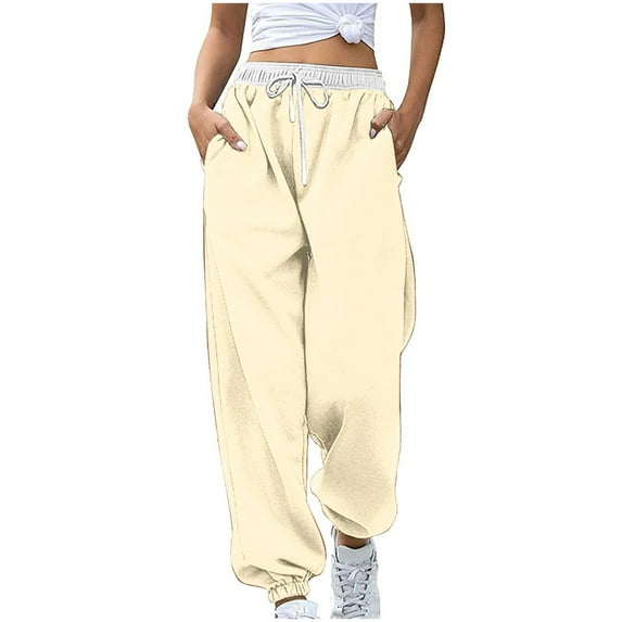 USNSM Cotton Sweatpants for Women Solid Color Baggy Sweatpant Hiking Comfort Pant Cinch Bottom Trousers with Pockets Beige XXL