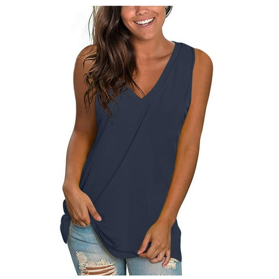 USNSM Cute Summer Tank Tops for Women Basic Solid Color Workout T-Shirts Casual Sleeveless V Neck Loose Flowy Comfy Tunic Blouse Navy XXL