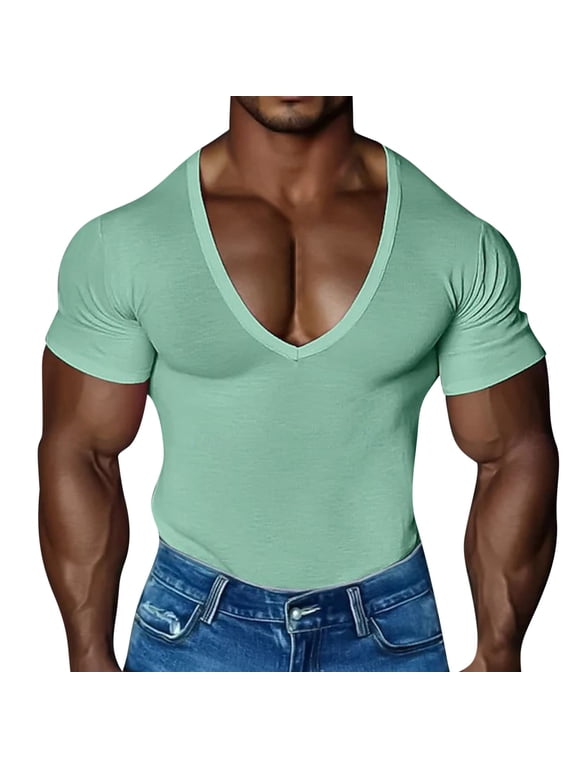 Deep V Neck Undershirt Men Low Cut Vneck T Shirts for Man Slim Fit Tshirt Short Sleeve Tee Green M