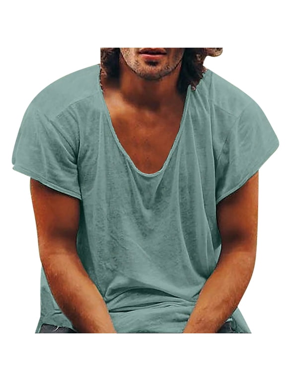 Deep V Neck Undershirt Men Low Cut Vneck T Shirts for Man Slim Fit Tshirt Short Sleeve Tee Green M