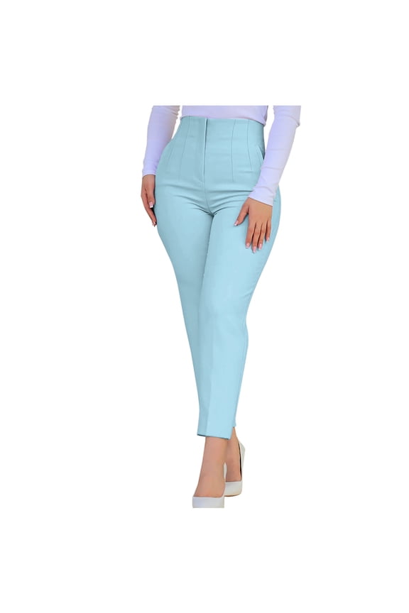 Dress Pants for Women Business Casual High Waist Work Office Pants Slim Fit Tummy Control Pants Solid Slacks Trousers Light Blue M
