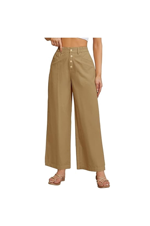 Dress Trousers for Women Casual High Waisted Wide Leg Pants Fashion Button Down Straight Trousers with Pockets Khaki S