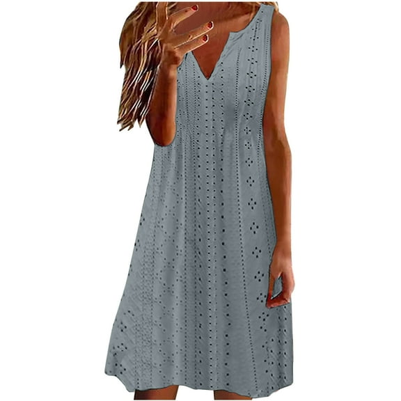 USNSM Dresses for Women Lace Casual Sleeveless Av Neck Midi Beach Dress Boho Flowy Eyelet Vacation Sundress Z-Gray L