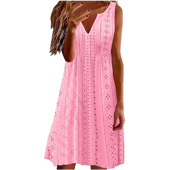 USNSM Dresses for Women Lace Casual Sleeveless Av Neck Midi Beach Dress Boho Flowy Eyelet Vacation Sundress Z-Pink L