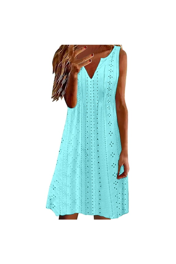 Dresses for Women Lace Casual Sleeveless Av Neck Midi Beach Dress Boho Flowy Eyelet Vacation Sundress Z-Sky Blue XL