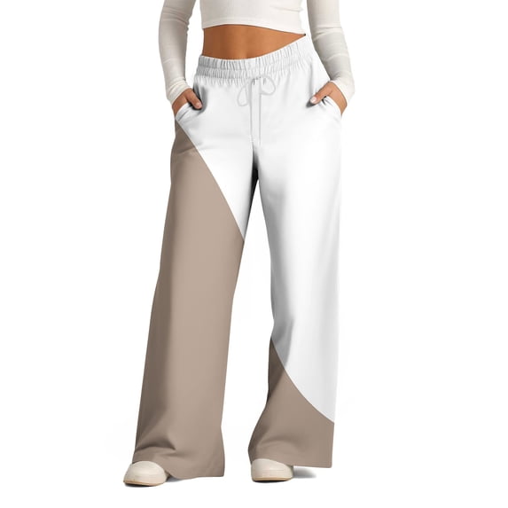 USNSM Elastic High Waist Pants for Women Color Block Pants Wide Leg Pants Loose Comfy Pants Lounge Pants with Pockets Khaki L