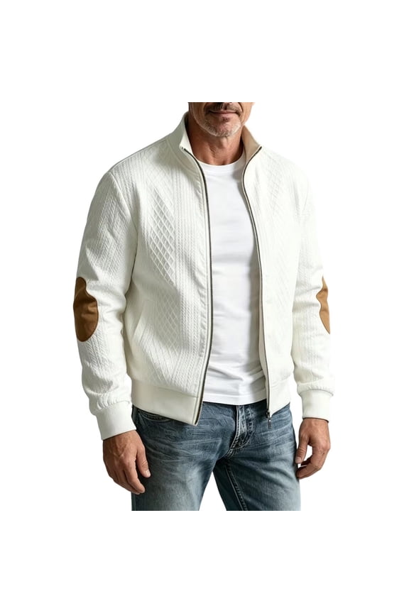 Elbow Patch Jackets for Men Fall Winter Fashion Stand Collar Full Zip Long Sleeve Jacket Soft Loose Fit Daily Outerwear White S