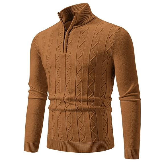 USNSM Fall Winter Turtleneck Zipper Knitting Sweater for Men Casual Slim Fit Solid Color Textured Knitwear Tops Long Sleeve Pullover Base Shirt Gold 3XL