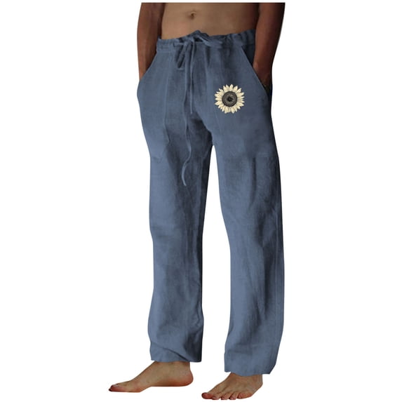 USNSM Fashion Print Casual Cotton Linen Pants for Men, Lightweight Comfort Pants Loose Fit with Elastic Waist Drawstring Blue XL