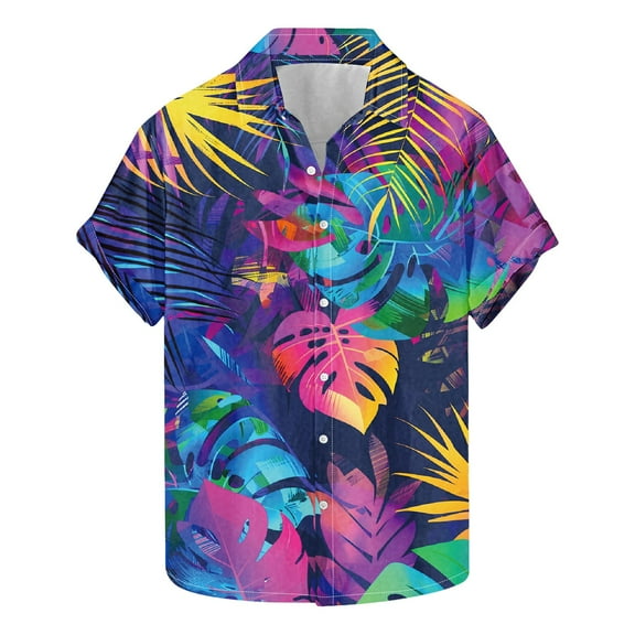 USNSM Fashion Print Hawaiian Shirt for Men Big and Tall Loose Fit Shirt Short Sleeve Daily Casual Lapel Button Down Holiday Beach Shirts Multicolor XXXXL