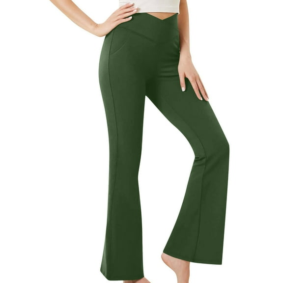 USNSM Flare Leggings for Women High Waisted Stretch Yoga Pants Casual Baggy Bootcut Pants Solid Color Wide Leg Activewear Army Green S