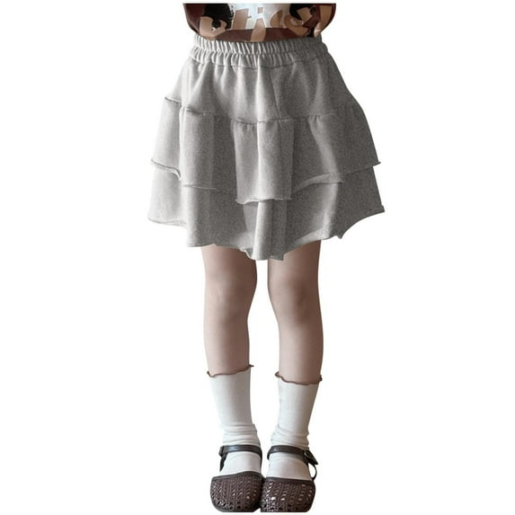 USNSM Girls Cute Fashion Solid Color Elastic Waist Ruffle Hem Skirt Cake Skirt Fluffy Skirt Sub Half-Body Skirt Gray 8 Years
