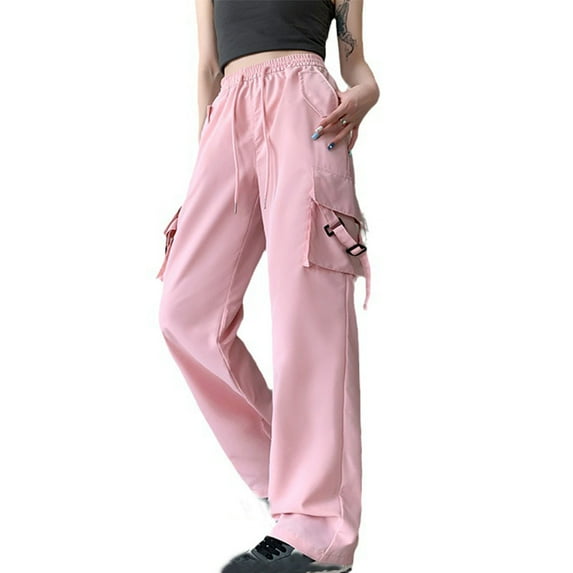 USNSM High Waist Cargo Pants for Women Baggy Pants Elastic Multiple Pockets Wide Leg Trousers Joggers Y2k Hiking Pants Pink S