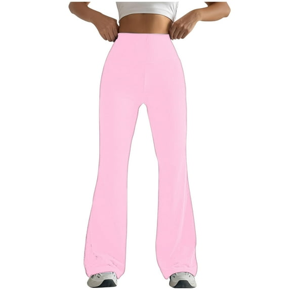 USNSM High Waist Flared Leggings for Women Tummy Control Casual Flare Yoga Pants Solid Color Baggy Workout Wide Leg Pants Pink XL