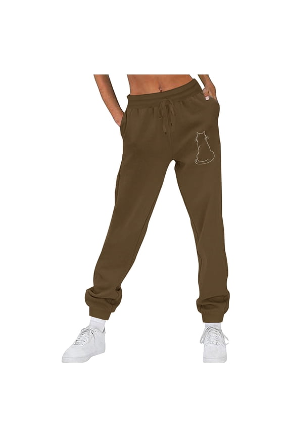 High Waist Sweatpants for Women Trendy Lovely Cat Print Joggers Pants Baggy Lounge Workout Trousers with Pockets Brown S