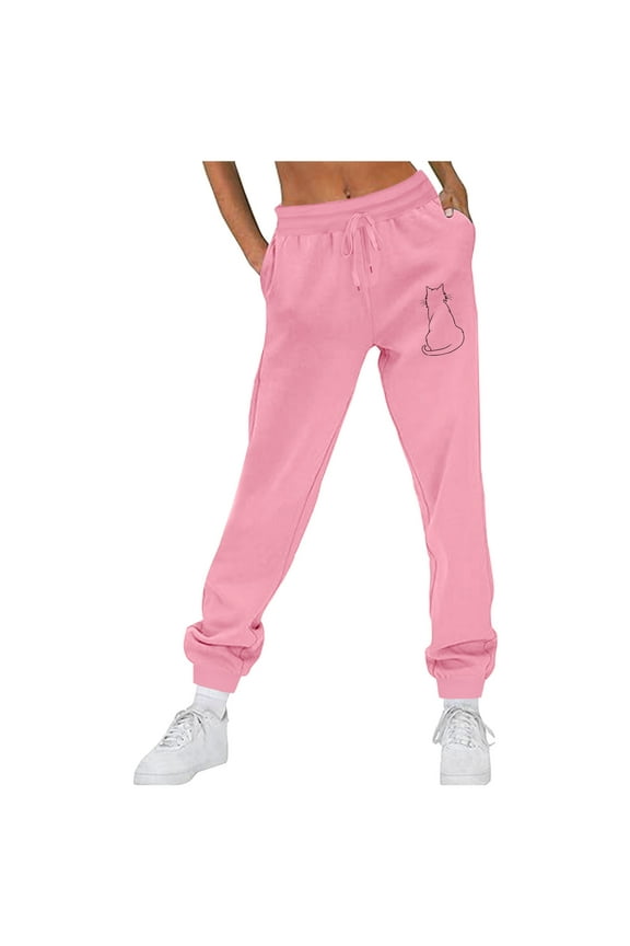 High Waist Sweatpants for Women Trendy Lovely Cat Print Joggers Pants Baggy Lounge Workout Trousers with Pockets Pink S