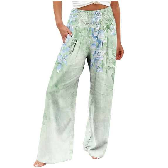USNSM High Waist Wide Leg Pants for Women Palazzo Lounge Pants Business Work Casual Floral Print Pants with Pockets Green XL