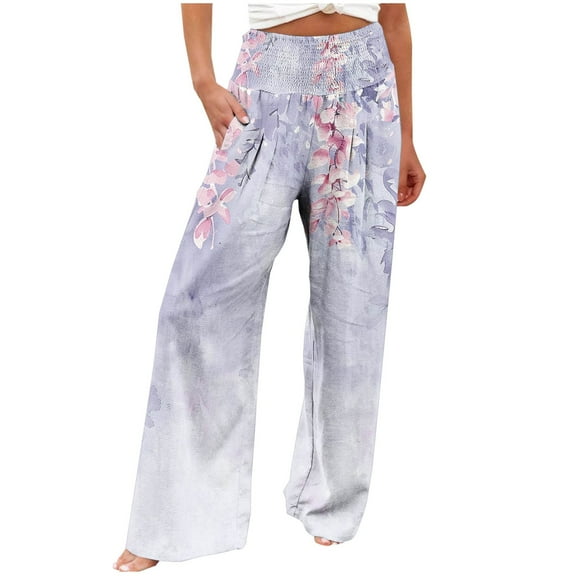 USNSM High Waist Wide Leg Pants for Women Palazzo Lounge Pants Business Work Casual Floral Print Pants with Pockets Purple M