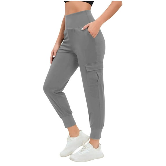 USNSM High Waist Yoga Pants for Women Workout Running Loose Casual Pants Solid Color Elastic Waist Pants With Pockets Gray XL