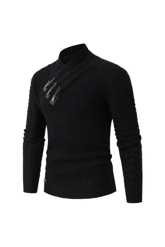 Irregular Buckle Stand Neck Knitting Cotton Pullover Sweater for Men Casual Slim Fit Twist Texutred Base Shirt Long Sleeve Knitwear Jumper Black M