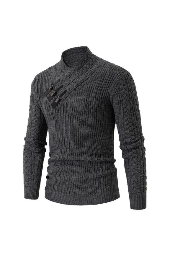 Irregular Buckle Stand Neck Knitting Cotton Pullover Sweater for Men Casual Slim Fit Twist Texutred Base Shirt Long Sleeve Knitwear Jumper Dark Gray 2XL