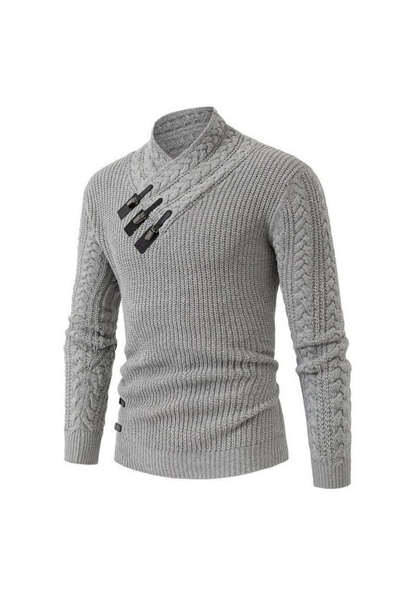 Irregular Buckle Stand Neck Knitting Cotton Pullover Sweater for Men Casual Slim Fit Twist Texutred Base Shirt Long Sleeve Knitwear Jumper Gray 3XL
