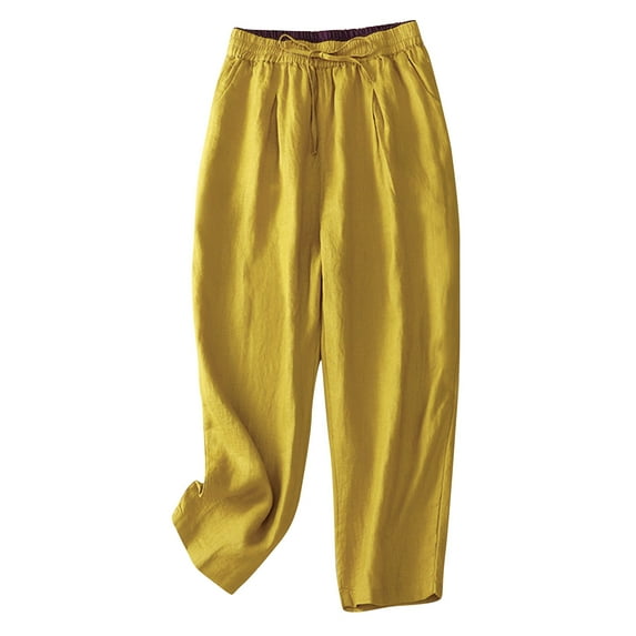 USNSM Jogger Pants for Women Cotton Linen Drawstring Elastic Waist Trouser Casual Relax Beach Wide Leg Pant with Pocket Yellow M