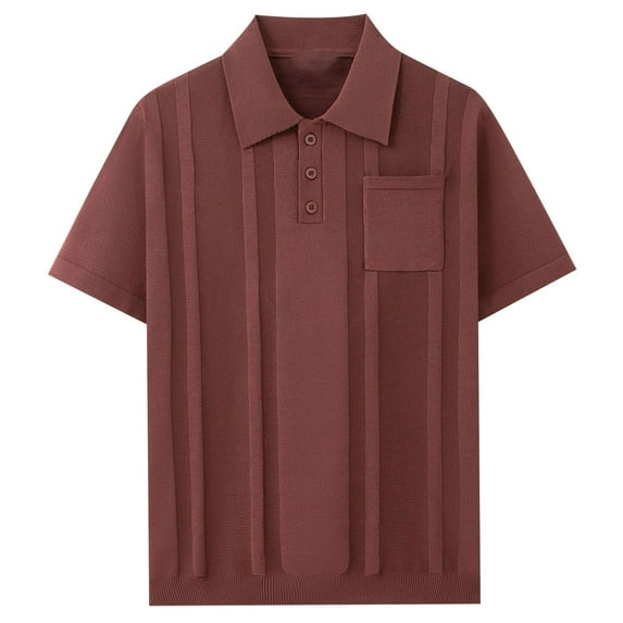 USNSM Knit Shirts for Men Short Sleeve Textured Shirt Slim Fit Summer Solid Color Collared T Shirt with Pocket Brown L
