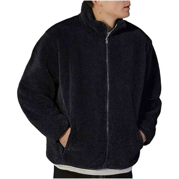USNSM (L-5XL) Men's Plus Size Fuzzy Sherpa Jacket Cardigan Fleece Long Sleeve Full Zip Open Front Thermal Coat Fall Winter Outwear Black XXXXL