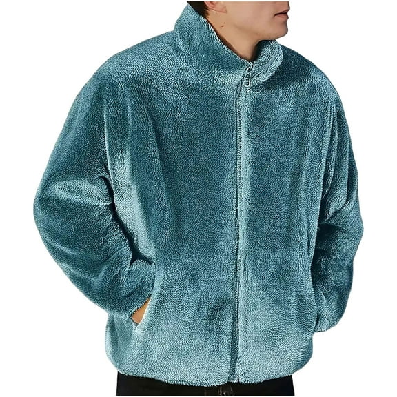 USNSM (L-5XL) Men's Plus Size Fuzzy Sherpa Jacket Cardigan Fleece Long Sleeve Full Zip Open Front Thermal Coat Fall Winter Outwear Blue XL