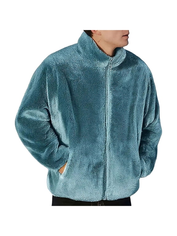 (L-5XL) Men's Plus Size Fuzzy Sherpa Jacket Cardigan Fleece Long Sleeve Full Zip Open Front Thermal Coat Fall Winter Outwear Blue XL