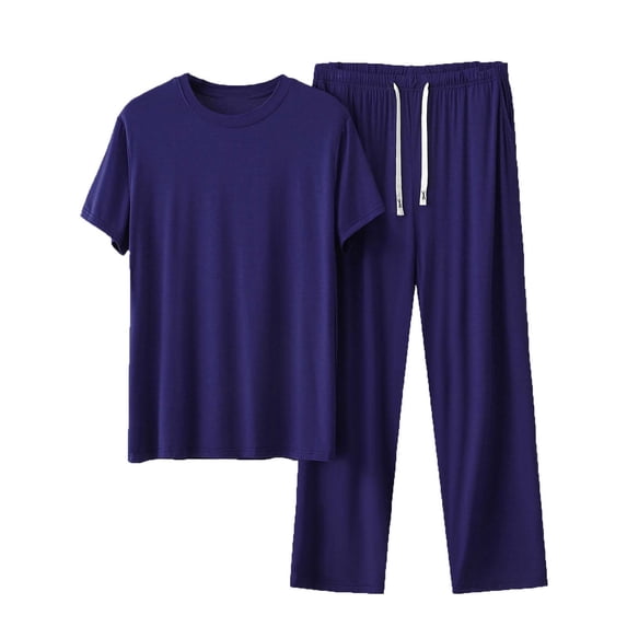 USNSM (L-5XL) Plus Size Mens Short Sleeve Tank Top and Pants Set Casual Two Piece Loungewear Sleepwear Comfortable Outfits Blue L