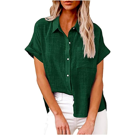 USNSM Linen Button Down Shirt Women Plus Size Cotton Plain Tees Shirt Short Sleeve Blouses Casual V Neck Collared Button Up Summer Beach Tops with Pocket Green#02 XL