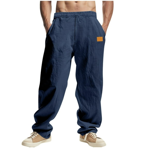 USNSM Linen Pants Lightweight Breathable Men's Pocket Solid Color Straight Outdoor Casual Business Pants Blue L