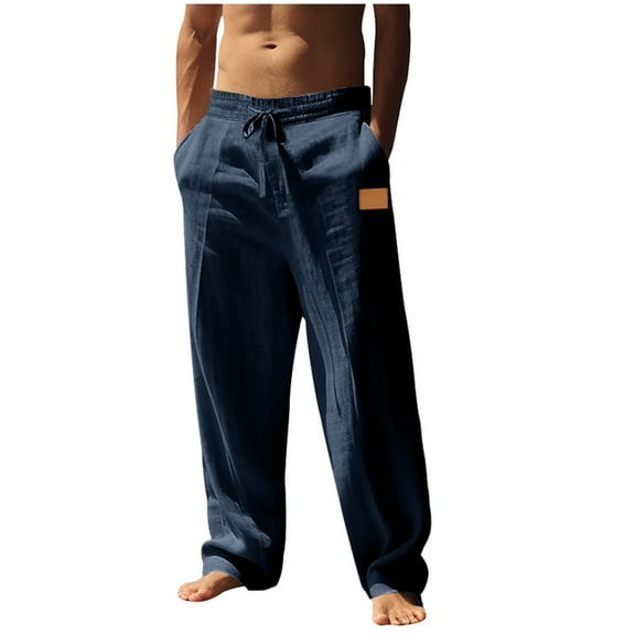 USNSM Linen Pants Lightweight Breathable Men's Pocket Solid Color Straight Outdoor Casual Business Pants Blue XXL