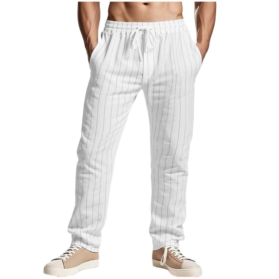 USNSM Linen Pants Men Casual 2025 Striped Print Elastic Drawstring Waist Yoga Pants Travel Baggy Work Pant White XL