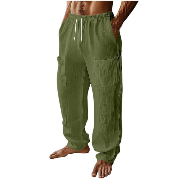 USNSM Linen Pants Men Fashionable Lightweight Summer Lounge Pants Elastic Waist Casual Pant Loose Fit Trousers with Multi Pockets Green S
