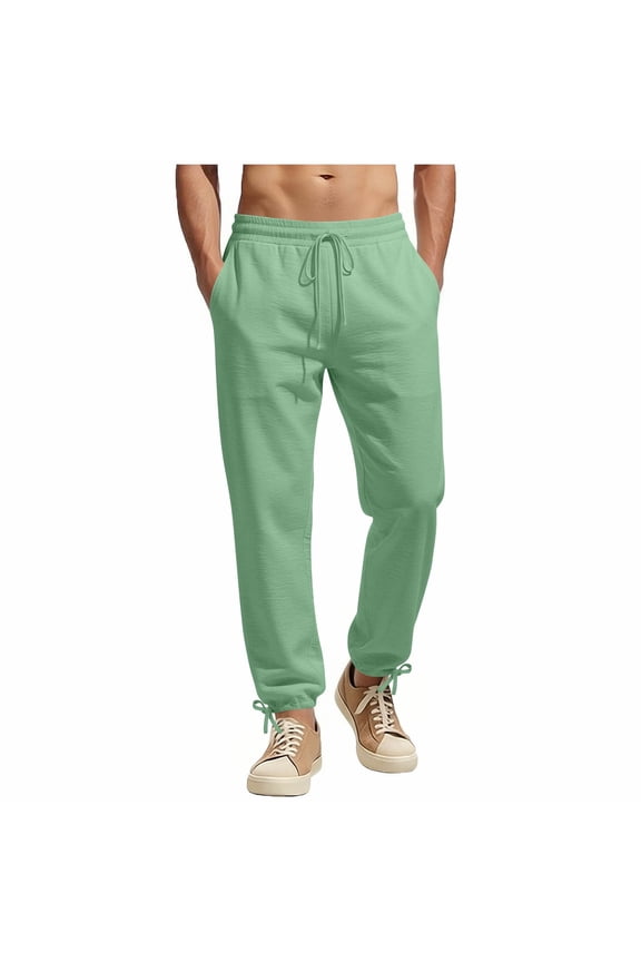 Linen Pants for Men Casual Loose Beach Summer Lightweight Elastic Waist Drawstring Vacation Trousers with Pockets Green XXL
