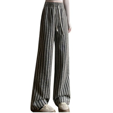 USNSM Linen Pants for Women Flowy Striped Print Wide Leg Trousers Boho Beach Baggy Vacation Drawstring Palazzo Pant Black XL