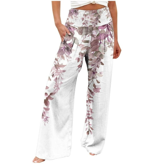 USNSM Linen Pants for Women Summer Boho Leaf Pants High Waist Stretch Casual Loose Floral Trousers with Pockets Green XXL