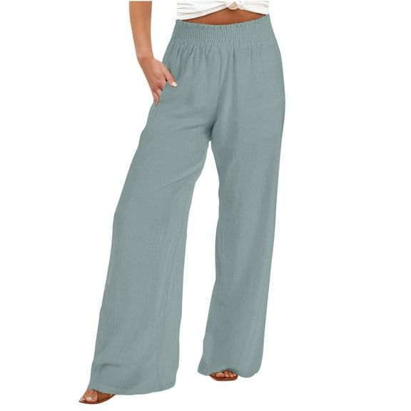 USNSM Linen Pants for Women Summer Palazzo Flowy Pants Wide Leg Beach Pants High Waist Casual Vacation Trouser with Pocket Green XL
