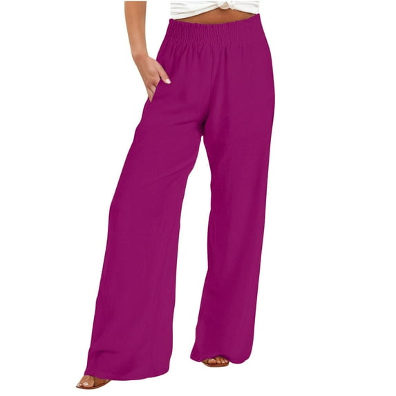 USNSM Linen Pants for Women Summer Palazzo Flowy Pants Wide Leg Beach Pants High Waist Casual Vacation Trouser with Pocket Hot Pink M
